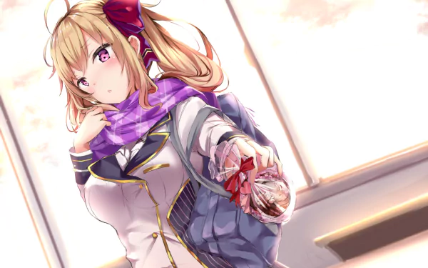 Anime-style HD PC desktop wallpaper featuring Rion Takamiya, a virtual YouTuber, holding a wrapped gift with a bright, softly lit background.