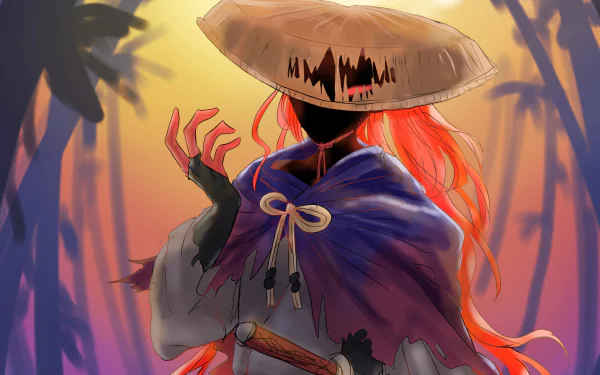 HD PC desktop wallpaper featuring Okada Izou from Fate/Grand Order, depicted in anime style with a glowing background and vibrant red hair.