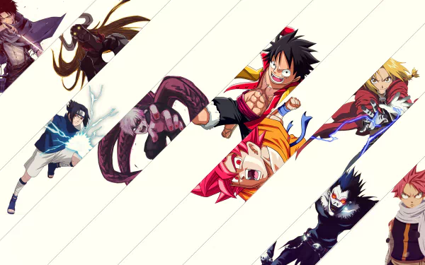 Vibrant 4K Ultra HD anime crossover wallpaper featuring dynamic characters from multiple series layered diagonally on a clean white background for PC desktop.