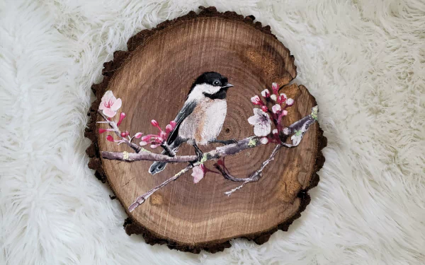 4K Ultra HD PC desktop background: chickadee (animal) perched on a flowering branch painted on a round wood slice, resting on plush white fur.