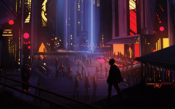 A vibrant sci-fi cityscape at night with neon lights and towering buildings, captured in 4K Ultra HD for a dynamic PC desktop wallpaper.