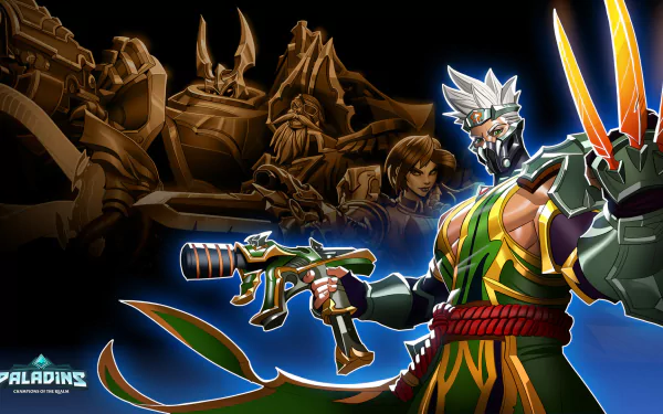 HD PC desktop wallpaper of Koga (Paladins) from the Paladins video game: vibrant character art of Koga wielding blades and a rifle with silhouetted champions in the background.