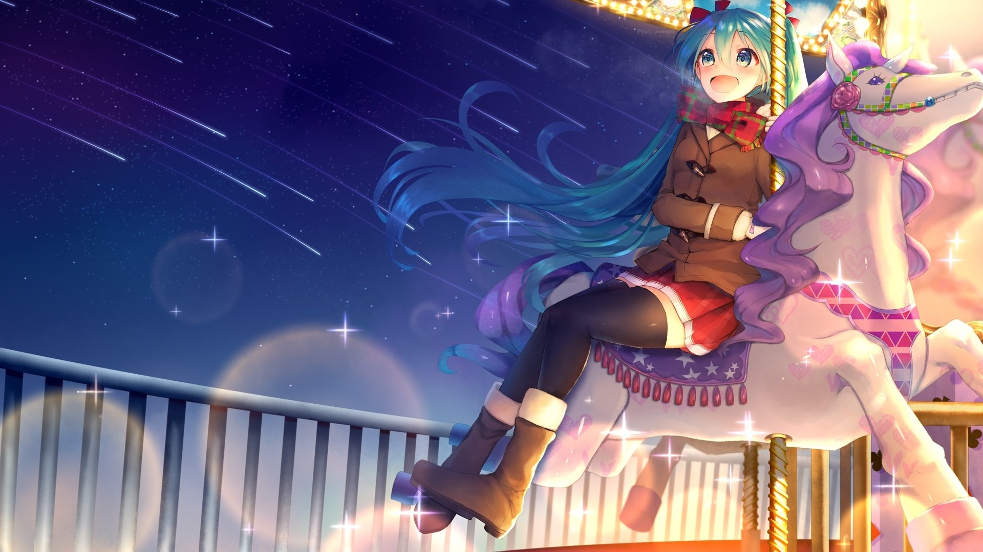 HD anime desktop wallpaper featuring Hatsune Miku riding a carousel horse under a vibrant night sky with shooting stars, blending Vocaloid charm and dreamy atmosphere.