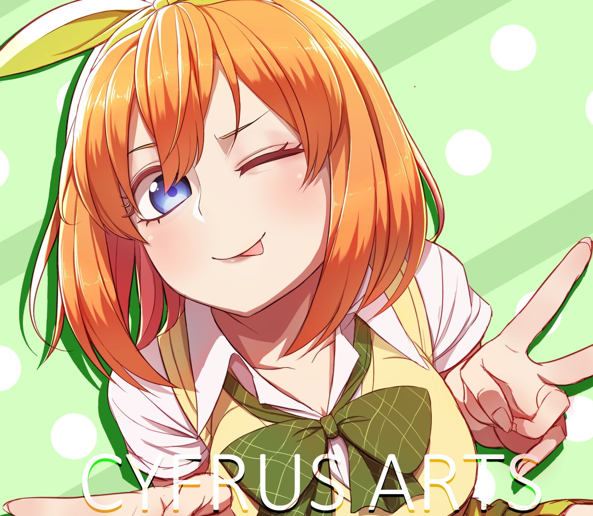 HD anime wallpaper of Yotsuba Nakano from The Quintessential Quintuplets, featuring her blonde hair, blue eyes, winking face, and peace sign gesture.