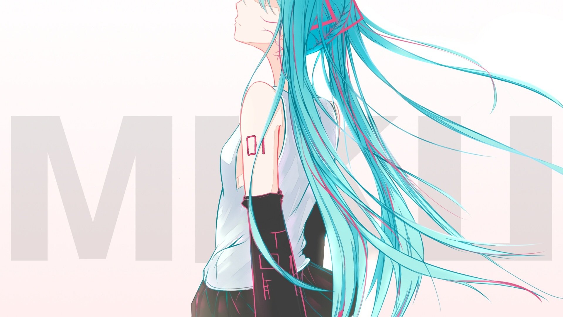 HD anime desktop wallpaper featuring Hatsune Miku, the iconic Vocaloid character, with flowing turquoise hair and futuristic design elements.