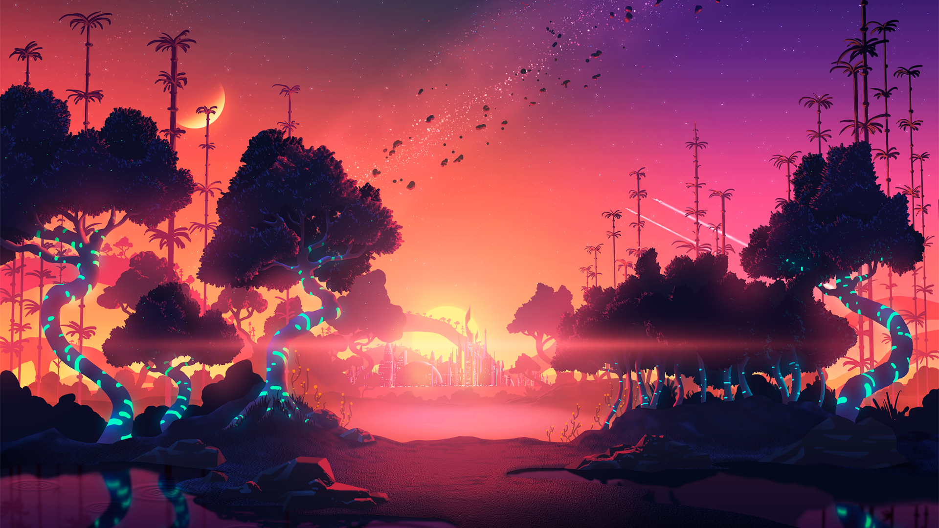 Sci-fi landscape 2K Quad HD PC desktop wallpaper and background: neon-lit alien forest with glowing vines and trees, floating lights, distant luminous horizon and spire silhouettes.