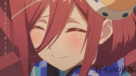 HD desktop wallpaper featuring Miku Nakano from the anime The Quintessential Quintuplets, showcasing her smiling expression with vibrant colors and detailed anime art style.