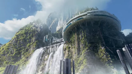 HD PC desktop wallpaper from the video game Titanfall 2, featuring a futuristic structure built into a lush mountain with a cascading waterfall.