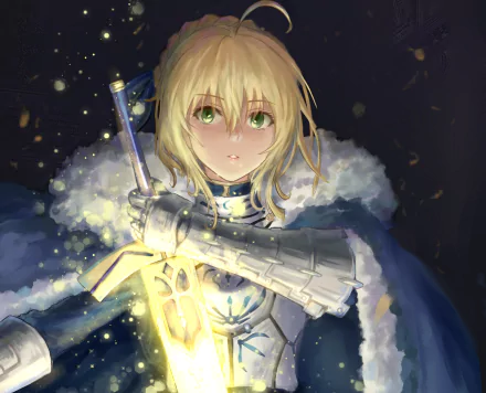 HD anime wallpaper of Saber (Artoria Pendragon) from Fate/Zero, glowing sword in hand, clad in armor with a fur-trimmed cape against a dark, spark-filled background.