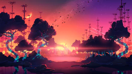 Sci-fi landscape 2K Quad HD PC desktop wallpaper and background: neon-lit alien forest with glowing vines and trees, floating lights, distant luminous horizon and spire silhouettes.