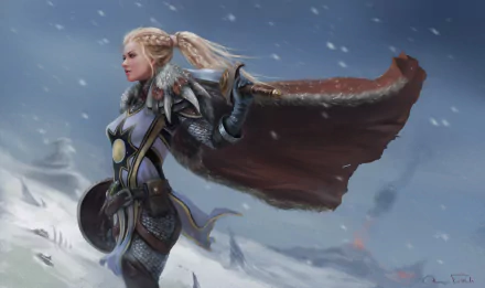 Blonde woman warrior in ornate armor with shield and sword, fur-lined cloak streaming in a blizzard across a snowy fantasy landscape — HD PC desktop wallpaper.