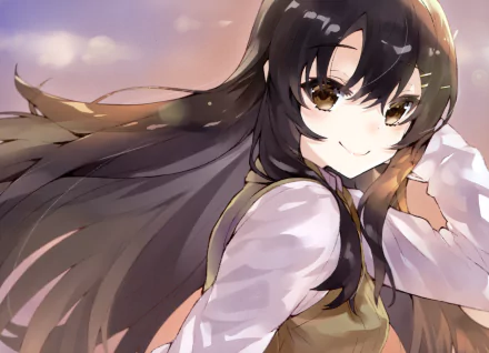 HD PC desktop wallpaper featuring Mai Sakurajima from the anime Rascal Does Not Dream of Bunny Girl Senpai with flowing dark hair and a soft sunset background.