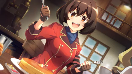 Kirie from The Magnificent Kotobuki anime smiling warmly in a kitchen, shown in an HD PC desktop wallpaper and background.