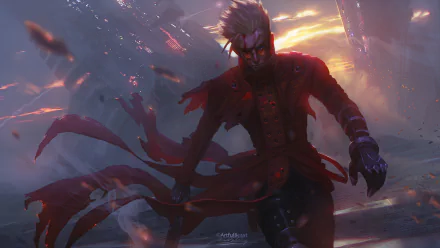 HD wallpaper featuring Vash the Stampede from the anime Trigun in an action pose with a detailed, dramatic sunset background.