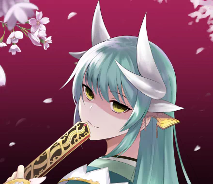 Close-up HD desktop wallpaper of Kiyohime from Fate/Grand Order with green hair, yellow eyes, and white horns against a dark pink background with cherry blossoms.