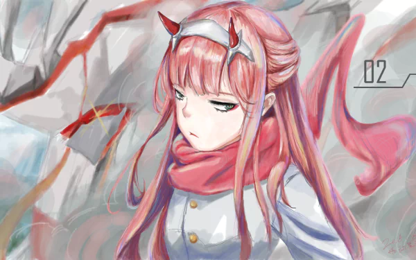 Anime character Zero Two from Darling in the FranXX with pink hair, green eyes, and horns. She is set against a HD background with a red scarf and a pensive expression. Tag: Strelizia.