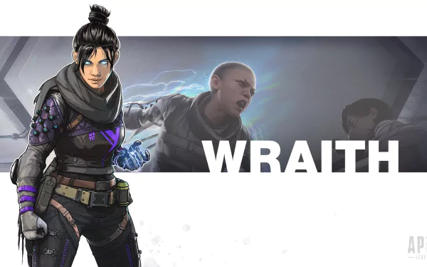 HD PC desktop wallpaper featuring Wraith from the video game Apex Legends, showcasing her in a dynamic pose with signature powers and bold text.