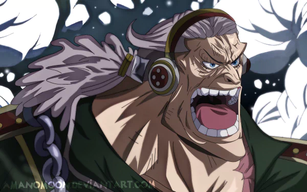 HD PC desktop wallpaper featuring Douglas Bullet from the anime One Piece, showcasing his fierce expression and dynamic pose against a dark, snowy background.