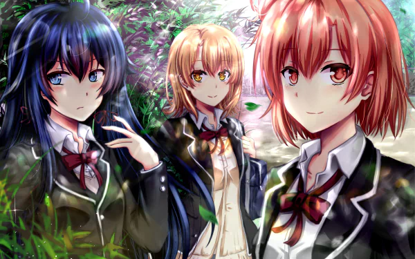 4K Ultra HD anime wallpaper featuring Yui Yuigahama, Yukino Yukinoshita, and Iroha Isshiki from My Teen Romantic Comedy SNAFU in detailed school uniforms amid a vibrant natural backdrop.