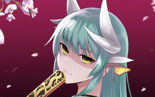 Close-up HD desktop wallpaper of Kiyohime from Fate/Grand Order with green hair, yellow eyes, and white horns against a dark pink background with cherry blossoms.