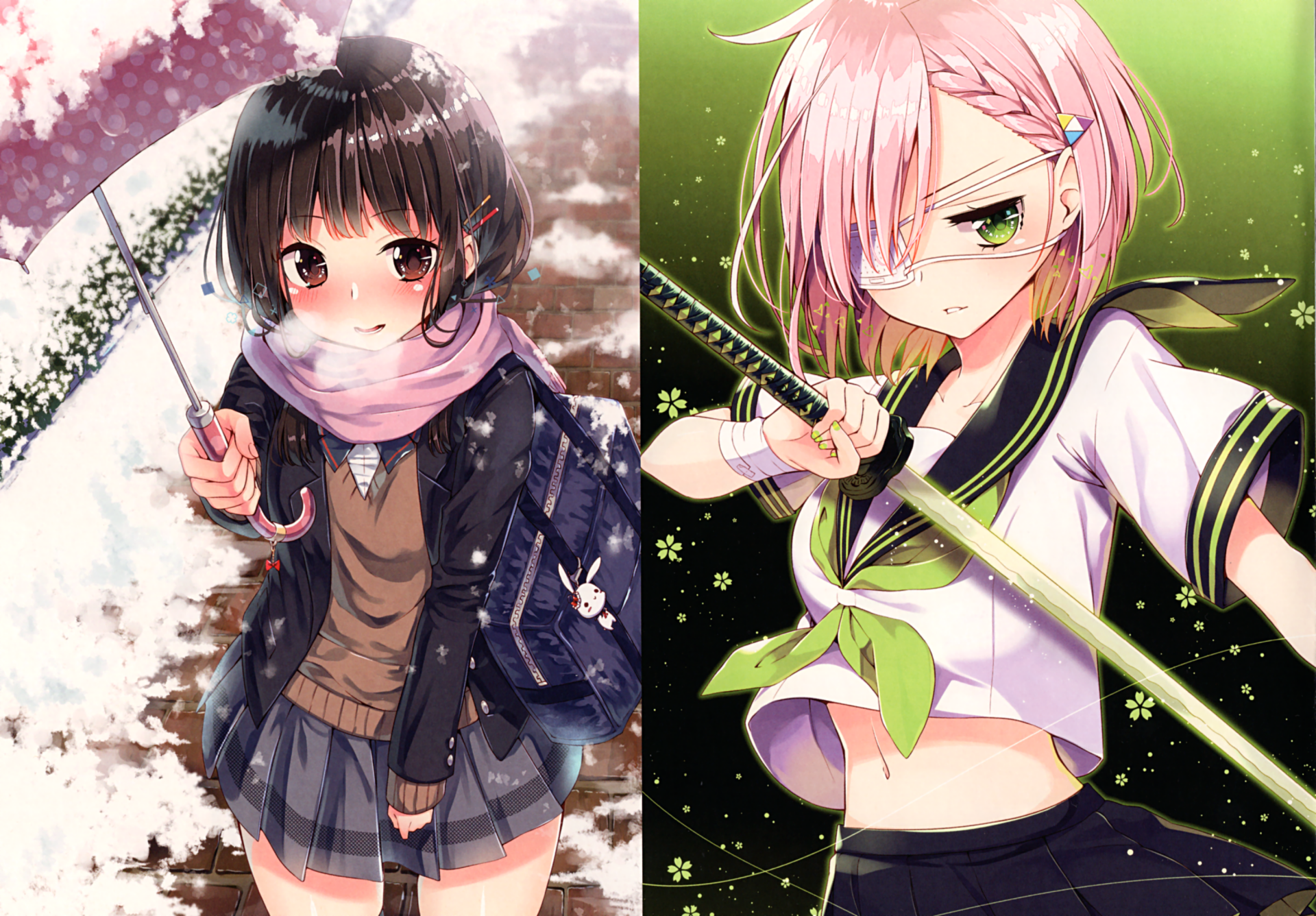 HD anime original artwork featuring two characters: a girl with a black umbrella in a snowy scene and a determined girl wielding a sword with a green background.