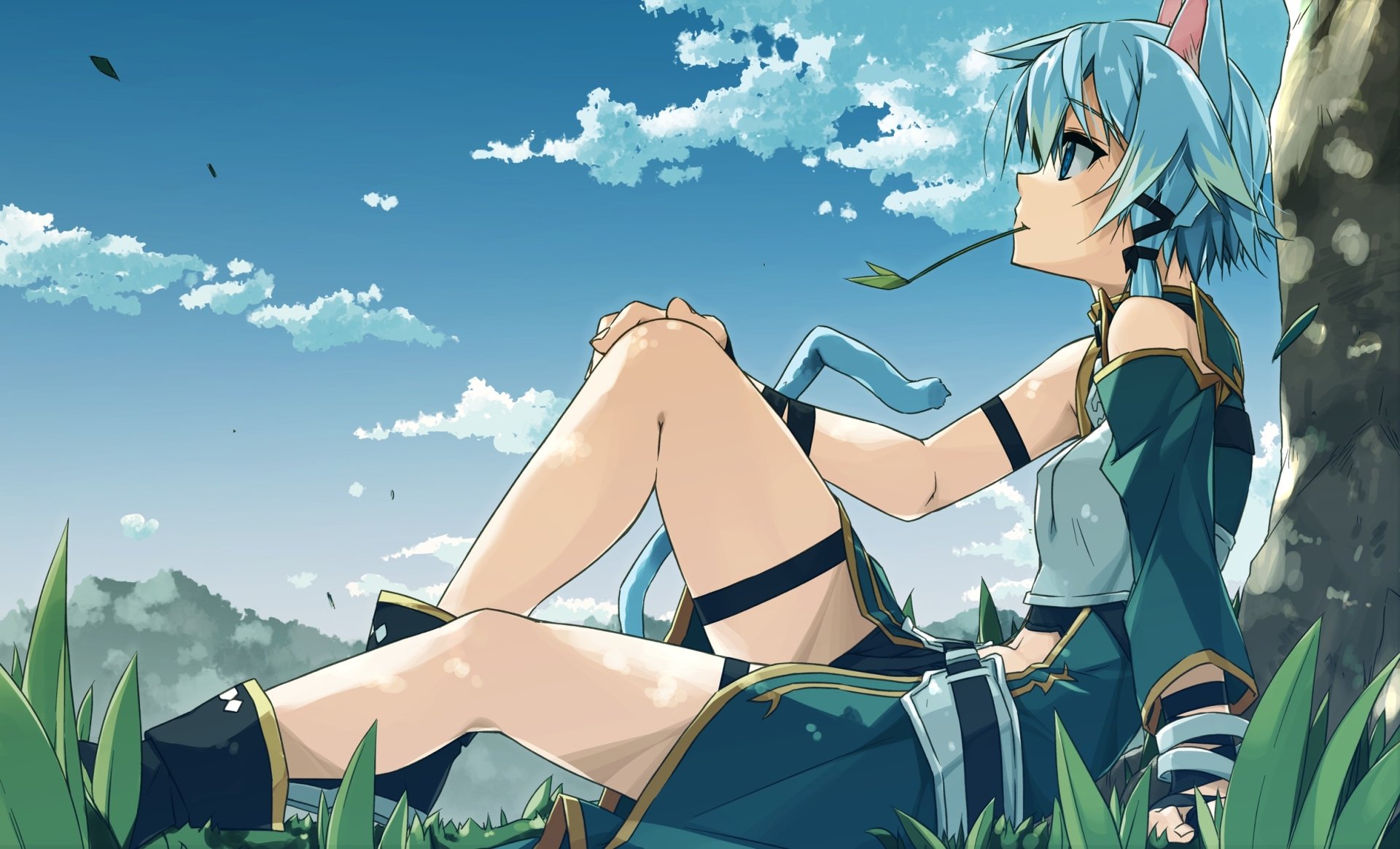 HD desktop wallpaper featuring Shino Asada from Sword Art Online II, sitting on grass under a blue sky with clouds, holding a blade of grass in her mouth.