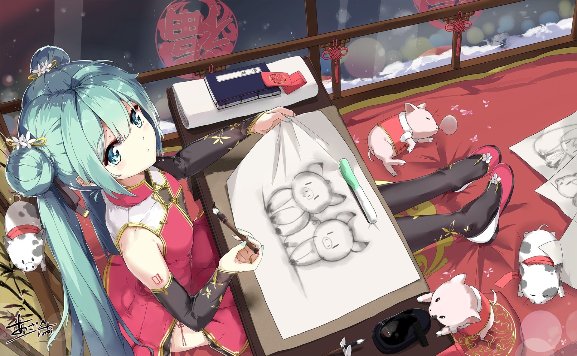 HD wallpaper of Hatsune Miku from the Vocaloid series, depicted in anime style, drawing while surrounded by small animals.