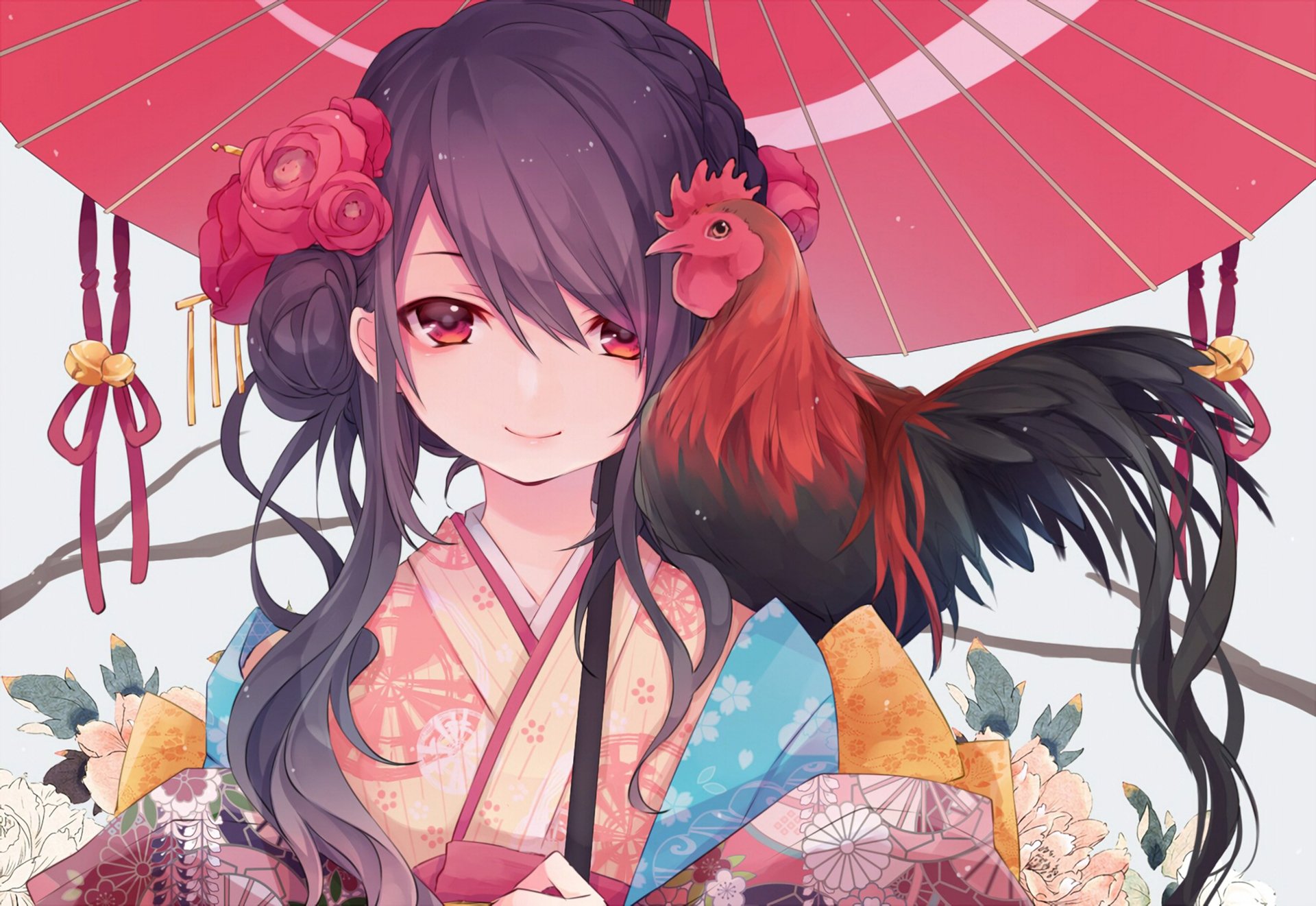 A vibrant HD desktop wallpaper featuring an anime-style original character with dark hair, dressed in traditional attire, holding a rooster, set against a colorful backdrop with flowers and a red parasol.