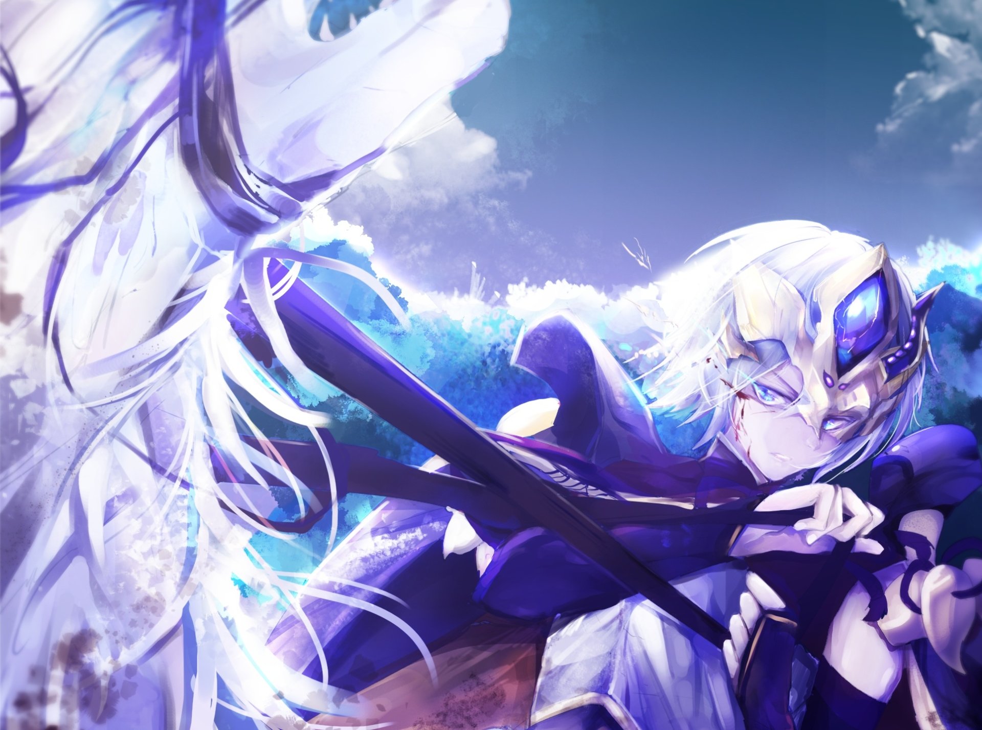 HD PC desktop wallpaper featuring Lanling Wang from Fate/Grand Order as Saber, depicted in dynamic anime style with a vibrant blue and white energy background.