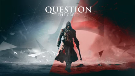 8K Ultra HD PC desktop wallpaper of the Assassin's Creed video game: hooded assassin strides forward beneath QUESTION THE CREED title, dramatic split blue and red fractured background.