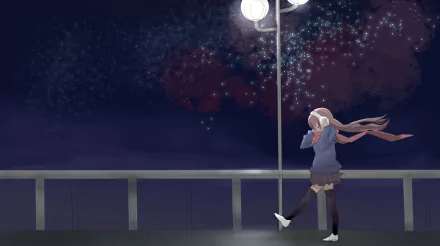 Anime-style HD PC desktop wallpaper featuring a girl with flowing hair and a scarf standing by a railing under a glowing streetlamp at night.