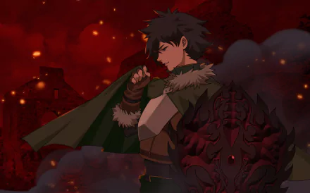 Naofumi Iwatani wielding the Curse Shield in a fiery background from The Rising of the Shield Hero anime. This HD desktop wallpaper showcases intense emotions and dramatic scenery.
