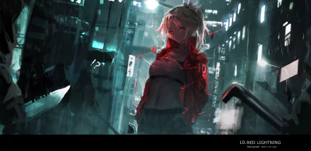 HD desktop wallpaper featuring Saber of Red (Mordred) from Fate/Apocrypha, standing in a rain-soaked urban setting with neon lights.