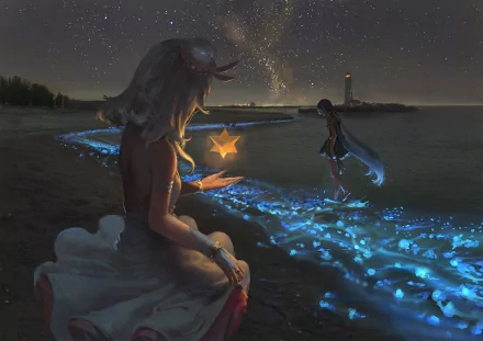 Anime-style HD desktop wallpaper featuring Vocaloid characters Xingchen and Haiyi by a glowing shoreline under a starry night sky.