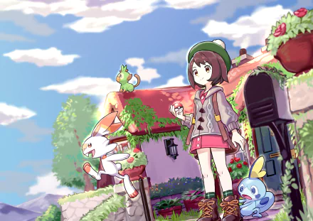 Gloria from Pokémon: Sword and Shield stands with Sobble, Scorbunny, and Grookey outside a charming countryside house in this vibrant 4K Ultra HD PC wallpaper.