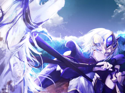 HD PC desktop wallpaper featuring Lanling Wang from Fate/Grand Order as Saber, depicted in dynamic anime style with a vibrant blue and white energy background.