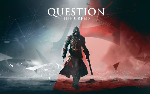 8K Ultra HD PC desktop wallpaper of the Assassin's Creed video game: hooded assassin strides forward beneath QUESTION THE CREED title, dramatic split blue and red fractured background.