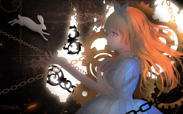 Anime-style HD desktop wallpaper featuring Alice from Alice in Wonderland, surrounded by glowing chains and a white rabbit silhouette in a dark, surreal setting.