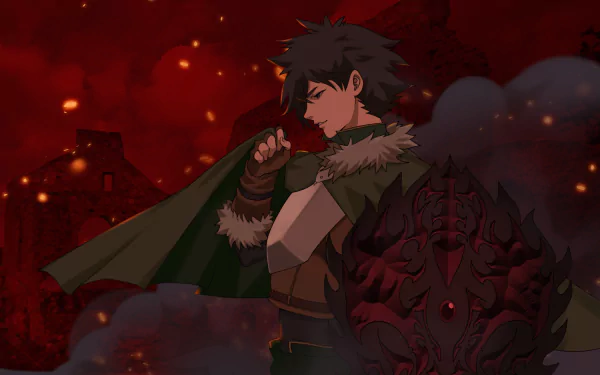 Naofumi Iwatani wielding the Curse Shield in a fiery background from The Rising of the Shield Hero anime. This HD desktop wallpaper showcases intense emotions and dramatic scenery.