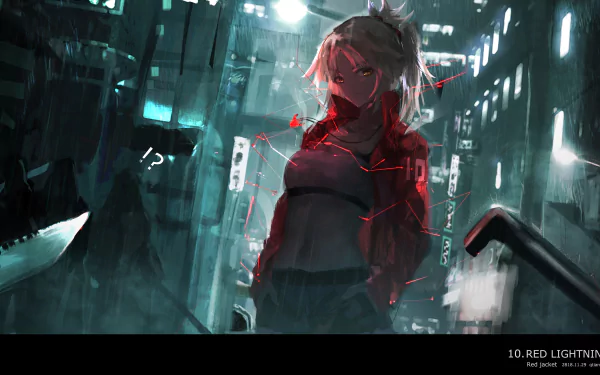 HD desktop wallpaper featuring Saber of Red (Mordred) from Fate/Apocrypha, standing in a rain-soaked urban setting with neon lights.