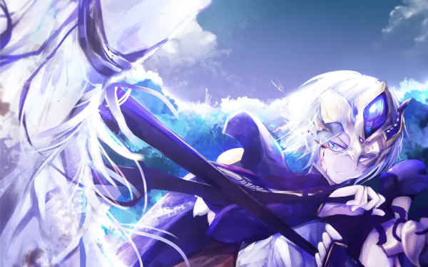 HD PC desktop wallpaper featuring Lanling Wang from Fate/Grand Order as Saber, depicted in dynamic anime style with a vibrant blue and white energy background.