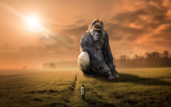 A fantasy 4K Ultra HD desktop wallpaper depicting a giant gorilla in an open field at sunset, blending animal realism with imaginative elements.