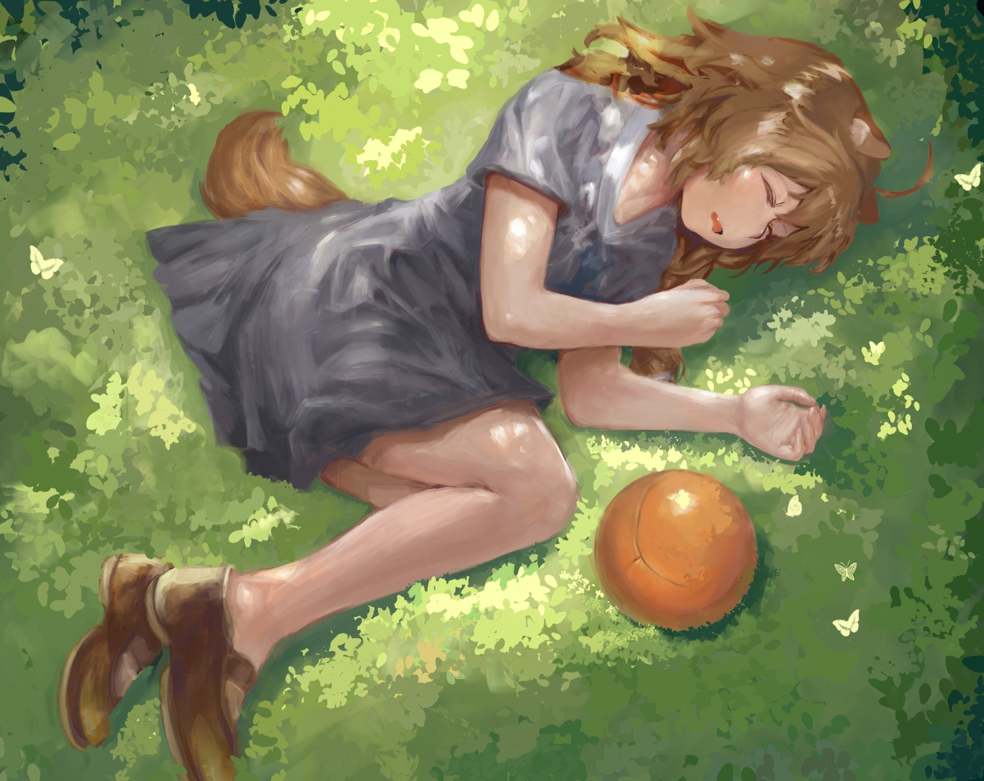 Raphtalia from The Rising of the Shield Hero rests peacefully on grass beside an orange ball in this vibrant 4K Ultra HD anime desktop wallpaper.