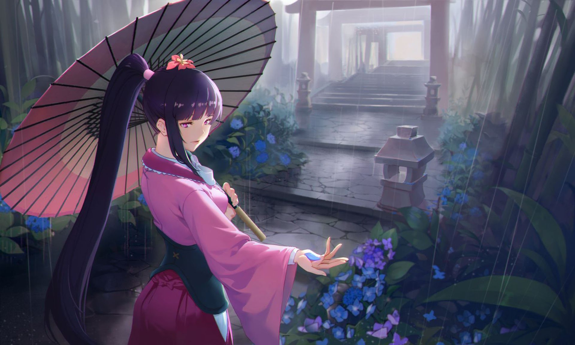 HD anime desktop wallpaper featuring Ayame Yomogawa from Kabaneri of the Iron Fortress, standing in a serene garden holding a traditional Japanese umbrella amidst blooming flowers.