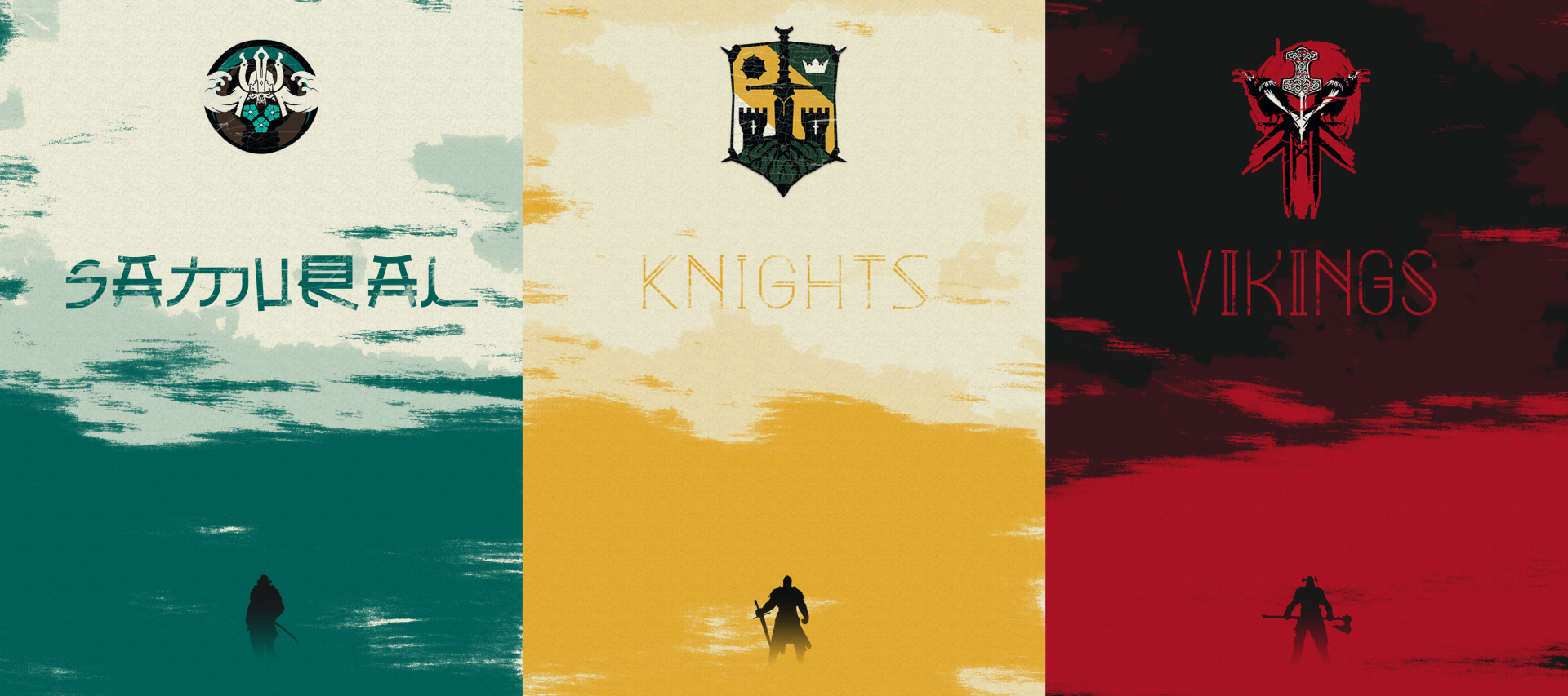 HD PC desktop wallpaper featuring emblematic banners and silhouettes of warriors representing the Samurai, Knights, and Vikings factions from the video game For Honor.