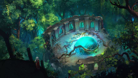 HD desktop wallpaper of a fantasy forest ruin with a dome and a solitary fantasy warrior observing the scene.