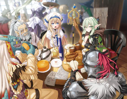HD anime wallpaper featuring Lizard Priest, Priestess, High Elf Archer, and Dwarf Shaman from Goblin Slayer, sitting around a table with food. The characters have blue, green eyes, long hair, and wear armor and pointed ears.