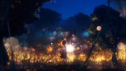 HD anime wallpaper depicting a girl holding a light in a glowing forest at night. The scene is serene and magical, with bright orbs of light scattered among the trees and undergrowth.