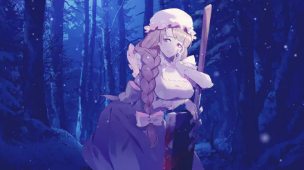 HD anime desktop wallpaper featuring Macrophage from Cells at Work! in a serene, blue-lit forest setting, blending vibrant character art with a detailed natural background.