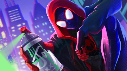 HD desktop wallpaper featuring Miles Morales as Spider-Man in a vibrant scene from 'Spider-Man: Into The Spider-Verse', holding a spray paint can.